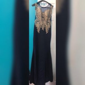 Navy blue and gold prom dress